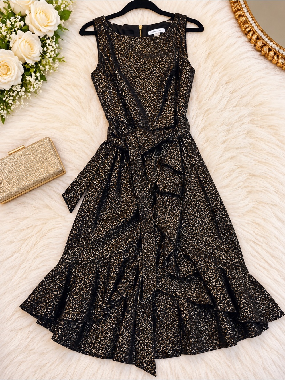 Calvin Klein Black and Gold Sleeveless Ruffle Midi Dress
